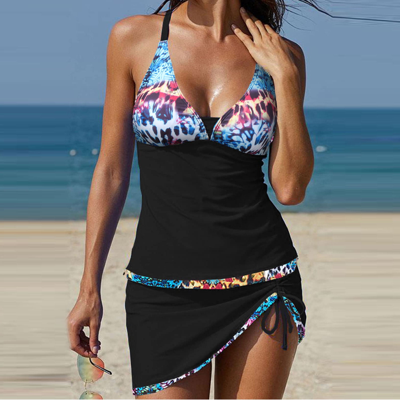 OYOANGLE Women's One Shoulder Color Block Tankini Set - High Waisted Bikini For Swim & Beach