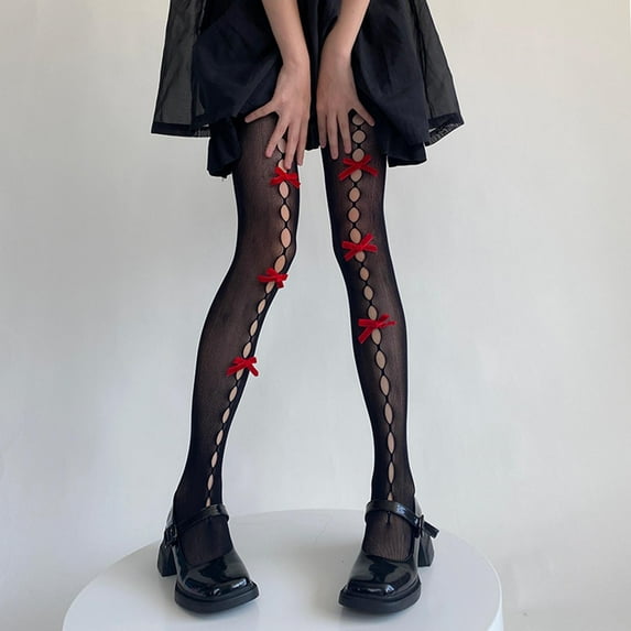 IDALL Tights for Women Sheer Tights Women Lolita Tights With Bows Cute Mesh Halloween Stockings 80S 90S Female Girls Gothic Lace Stockings Leggings Thigh High Stockings Clearance D One Size
