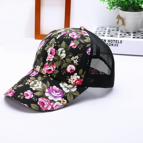 IDALL Trucker Hat,Baseball Cap Women's New Flower printing Sun Protection All-match Baseball Cap Golf Hat,Hats for Women Black
