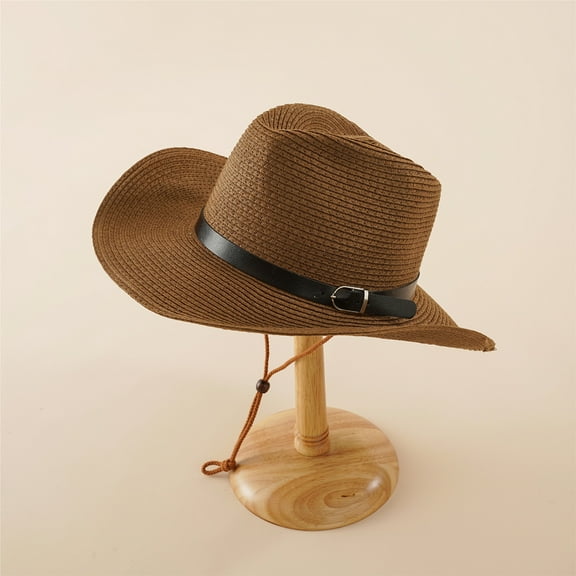 IDALL Visor Hat Sun Hat Solid Color Black Leather Belt Decorated Holiday Cowboy Sunhat Summer Hats Wide Brim Hats Coffee One Size