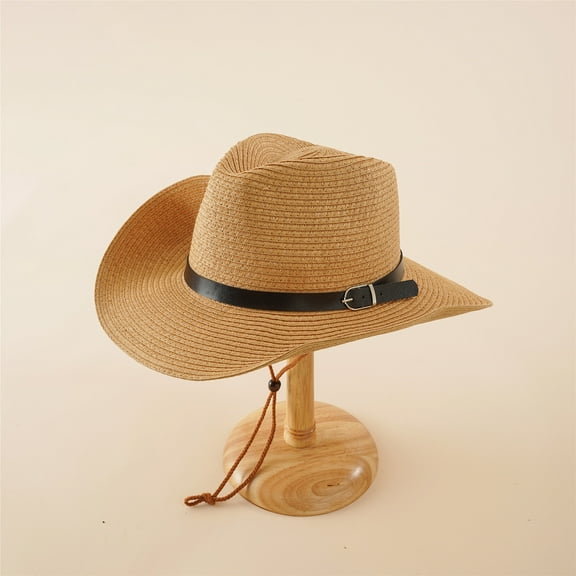 IDALL Visor Hat Sun Hat Solid Color Black Leather Belt Decorated Holiday Cowboy Sunhat Summer Hats Wide Brim Hats Khaki One Size