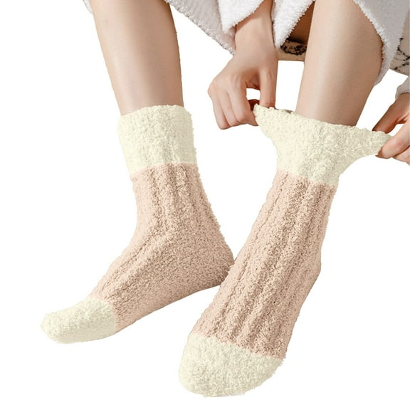 IDALL Warm Fuzzy Socks for women, Soft Cozy Winter Fluffy Sleep House Striped Slipper Socks Size 9-14 Beige One Size