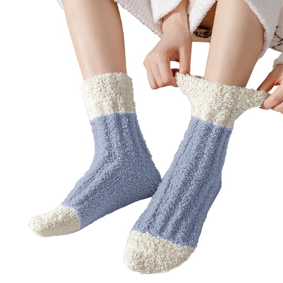 IDALL Warm Fuzzy Socks for women, Soft Cozy Winter Fluffy Sleep House Striped Slipper Socks Size 9-14 Blue One Size