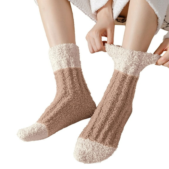 IDALL Warm Fuzzy Socks for women, Soft Cozy Winter Fluffy Sleep House Striped Slipper Socks Size 9-14 Brown One Size