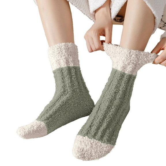 IDALL Warm Fuzzy Socks for women, Soft Cozy Winter Fluffy Sleep House Striped Slipper Socks Size 9-14 Light Green One Size