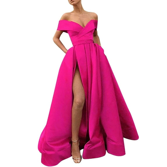 IDALL Wedding Guest Dresses,Prom Dresses Cocktail Ladies Chiffon Temperament French Retro Summer Cocktail Low Cut Wedding Fit Plain Maxi Dresses,Formal Dresses,Graduation Dress Hot Pink Dress XL