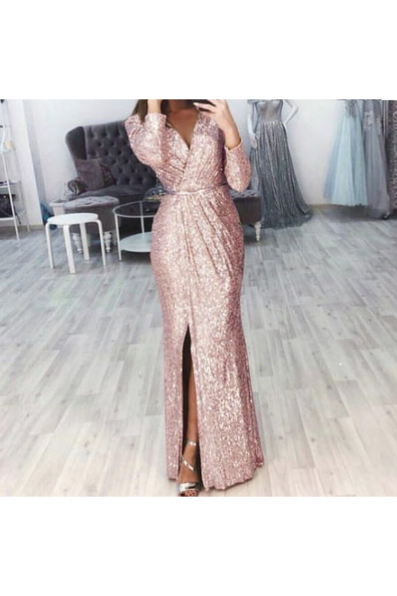 Wedding Guest Dresses,Prom Dresses Fashion Women Solid Color Long Sleeve V-Neck Long Formal Dress Maxi Dresses,Formal Dresses,Graduation Dress Gold Dress L