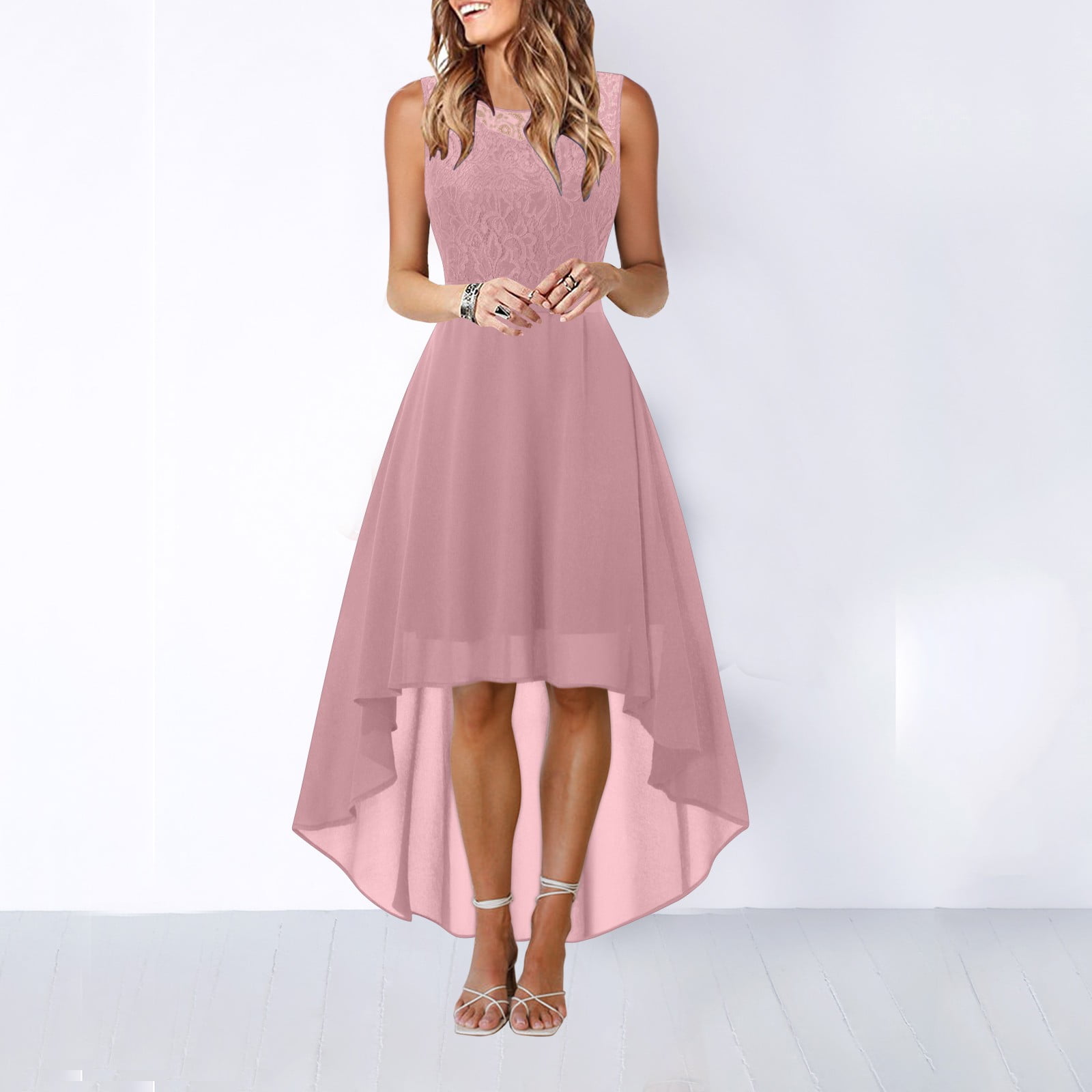 Elegante Dames Kantjurk Met Strikriem - Mouwloze Chiffon Cocktailjurk Irregular Lengte