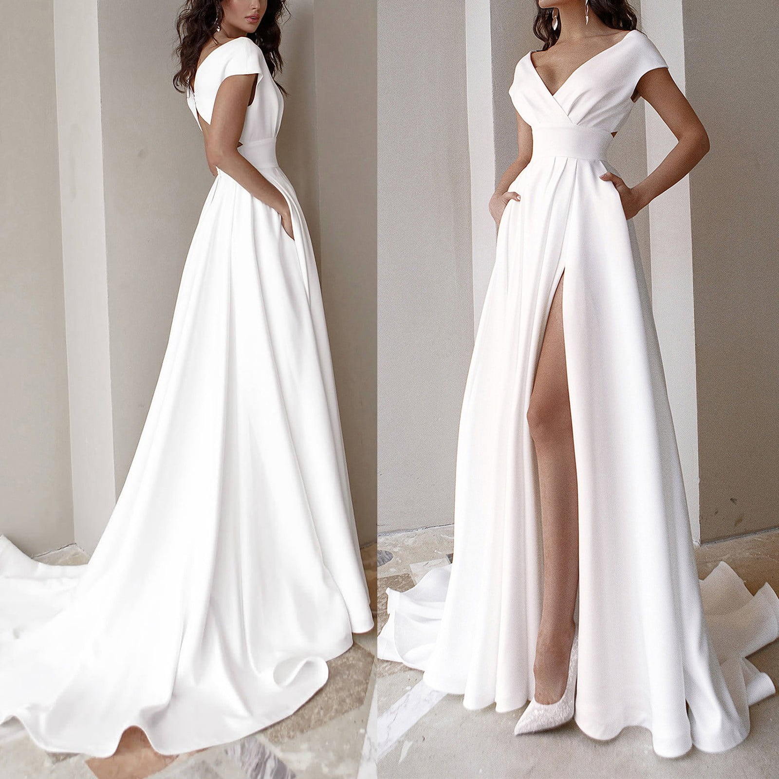 IDALL Wedding Guest Dresses Prom Dresses Ladies White V Neck Long Dress Evening Dress Formal Dress Maxi Dresses Formal Dresses Graduation Dress White Dress L Walmart