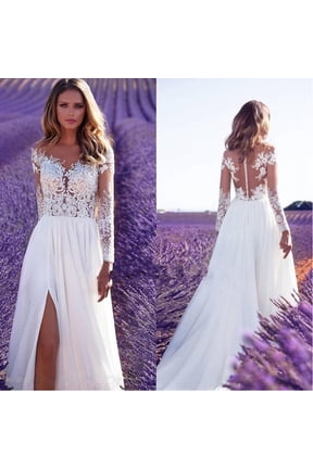 Wedding Guest Dresses,Prom Dresses Long-Sleeved See-Through Lace Wedding Dress Bridesmaid Dress Dress Temperament Prom Evening Dress Split Long Skirt Maxi Dresses,Formal Dresses White Dress M