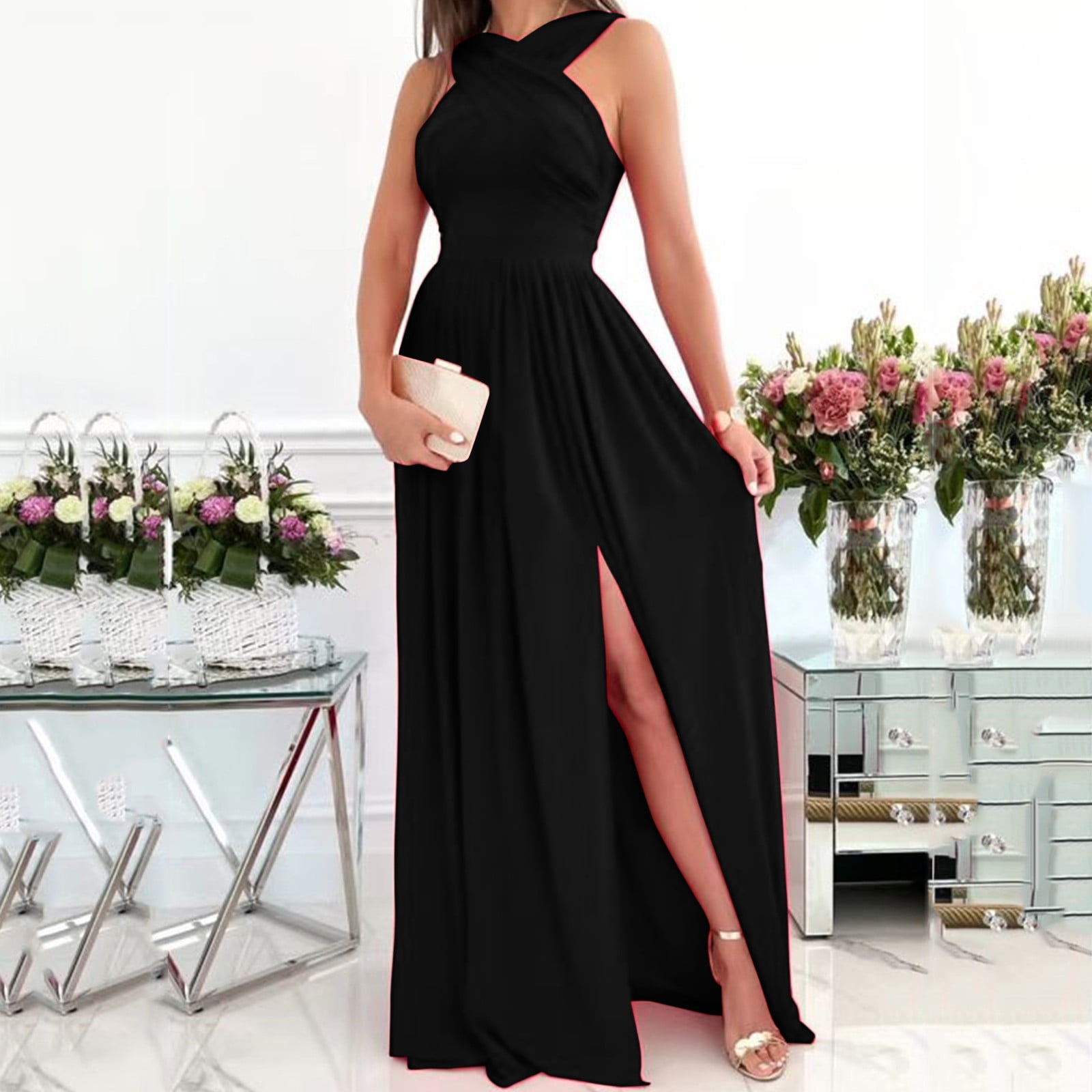 Vestido De Fiesta Cuerpo Con Abertura Y Volantes - Escote Corazón, Mangas Acampanadas, Tejido Elástico