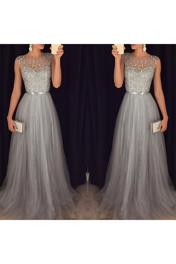 Wedding Guest Dresses,Prom Dresses Women Elegant Formal Party Mesh Sleeveless High Waist Sequins Shinning Wedding Prom Gown Long Dress Maxi Dresses,Formal Dresses,Graduation Dress Gray Dress L