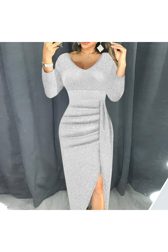 Wedding Guest Dresses,Prom Dresses Women Fashion V-Neck High Slit Bodycon Dress Long Sleeve Party Dresses Maxi Dresses,Formal Dresses,Graduation Dress Silver Dress 2XL