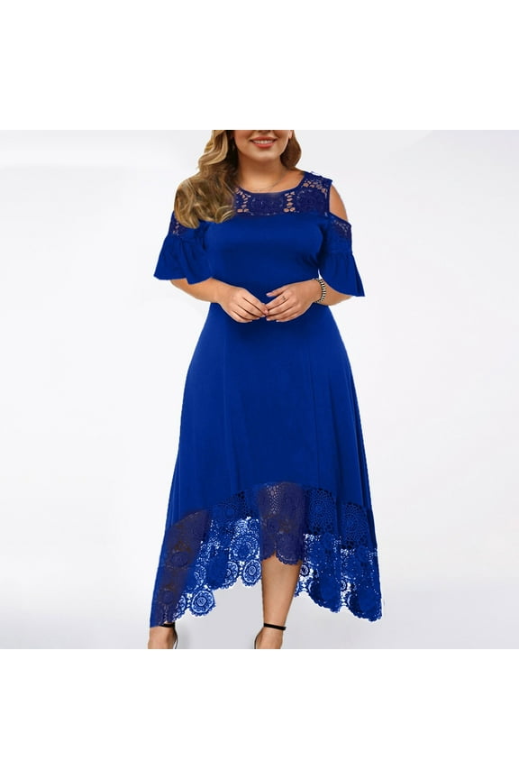 Wedding Guest Dresses,Prom Dresses Women Plus Size Casual Solid Lace Dress Short Sleeve Irregular Lace Stitching Long Dress Plus Size Dresses,Maxi Dresses,Formal Dresses Blue Dress 2XL