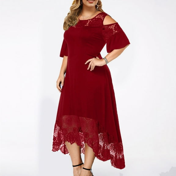 IDALL Wedding Guest Dresses,Prom Dresses Women Plus Size Casual Solid Lace Dress Short Sleeve Irregular Lace Stitching Long Dress Plus Size Dresses,Maxi Dresses,Formal Dresses Wine Dress 3XL
