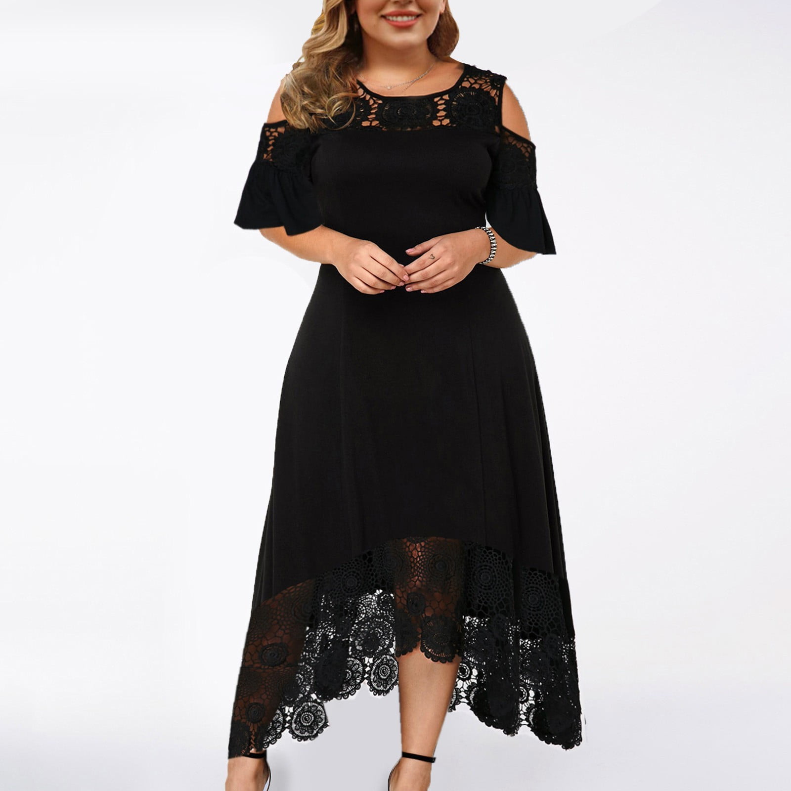 Crewneck lace long sleeve slit irregular maxi dress  | Festival Outfits Women main image 1