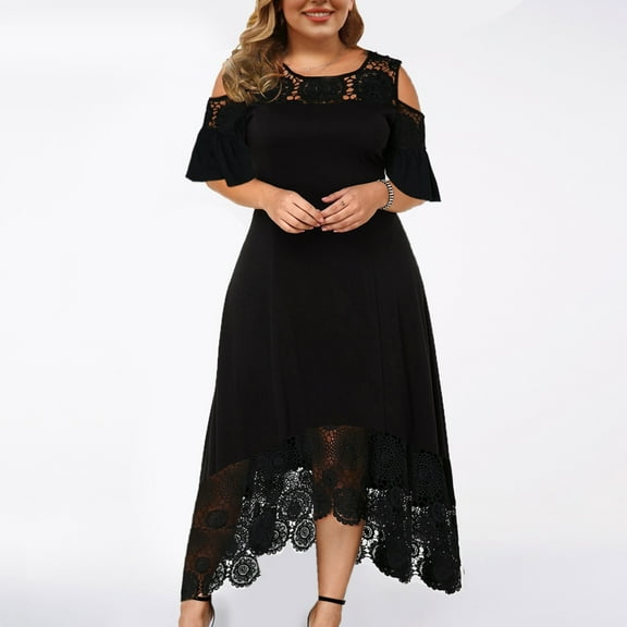 IDALL Wedding Guest Dresses,Prom Dresses Women Plus Size Casual Solid Lace Dress Short Sleeve Irregular Lace Stitching Long Dress Plus Size Dresses,Maxi Dresses,Formal Dresses Black Dress 2XL