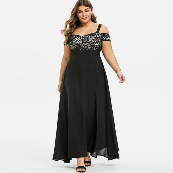 IDALL Wedding Guest Dresses,Prom Dresses Women Plus Size Cold Shoulder Floral Lace Maxi Party Evening Camis Long Dress Plus Size Dresses,Maxi Dresses,Formal Dresses Black Dress L