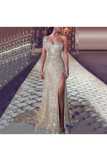 sexy gold wedding dresses Champagne Gold Mismatchy Sexy Side-slit Long Mermaid Bridesmaid Dress, –  SposaBridal