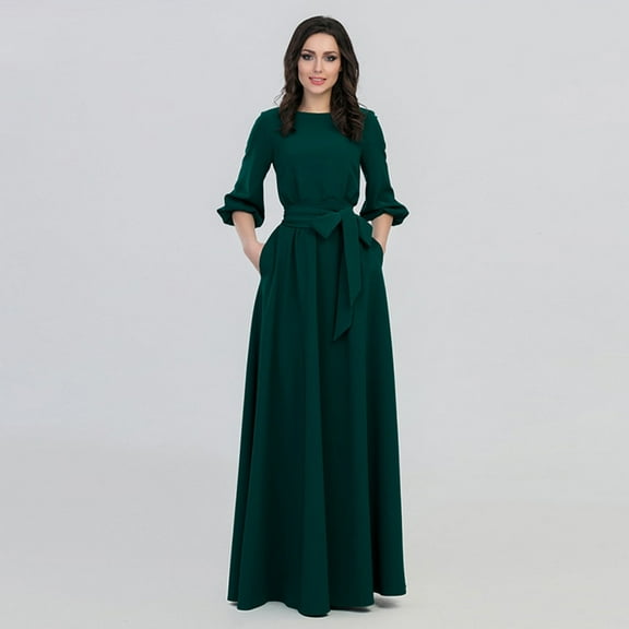 IDALL Wedding Guest Dresses,Prom Dresses Women Summer Casual Party Dress Lantern Sleeve Solid Long Dresses With Belt Maxi Dresses,Formal Dresses,Boho Dresses Green Dress M