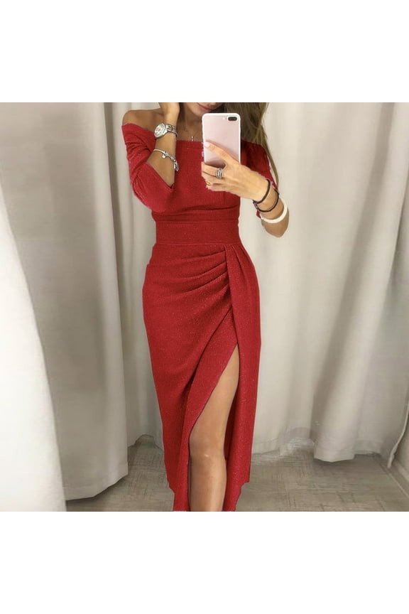 Wedding Guest Dresses,Prom Dresses Women's Bag Hip Slit One-neck Dress Shiny Dress Dinner Dress Maxi Dresses,Formal Dresses,Graduation Dress Red Dress L
