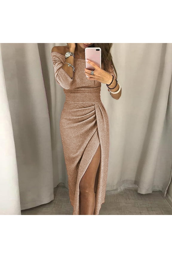 Wedding Guest Dresses,Prom Dresses Women's Bag Hip Slit One-neck Dress Shiny Dress Dinner Dress Maxi Dresses,Formal Dresses,Graduation Dress Rose Gold Dress 2XL