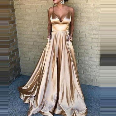 IDALL Wedding Guest Dresses,Prom Dresses Women's Fashion Solid Color Sexy V-Neck Suspender Sleeveless Evening Dress Maxi Dresses,Formal Dresses,Graduation Dress Gold Dress L