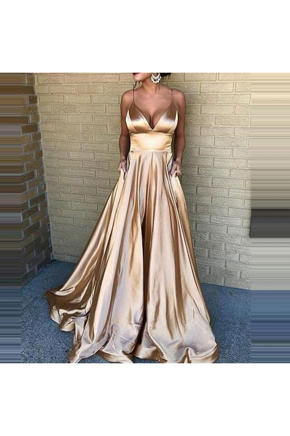 Wedding Guest Dresses,Prom Dresses Women's Fashion Solid Color Sexy V-Neck Suspender Sleeveless Evening Dress Maxi Dresses,Formal Dresses,Graduation Dress Gold Dress L