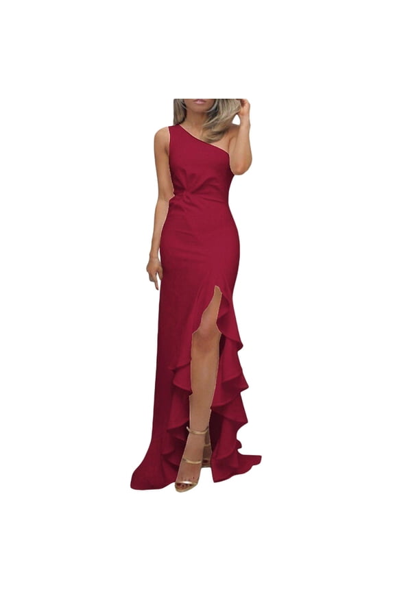 Wedding Guest Dresses,Prom Dresses Women's Formal Long Ruffled Slit Floor Length Dress Evening Gown Maxi Dresses,Formal Dresses,Graduation Dress Wine Dress L