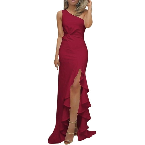 IDALL Wedding Guest Dresses,Prom Dresses Women's Formal Long Ruffled Slit Floor Length Dress Evening Gown Maxi Dresses,Formal Dresses,Graduation Dress Wine Dress 3XL
