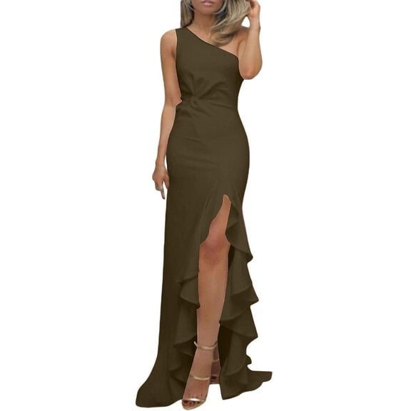 IDALL Wedding Guest Dresses,Prom Dresses Women's Formal Long Ruffled Slit Floor Length Dress Evening Gown Maxi Dresses,Formal Dresses,Graduation Dress Army Green Dress M
