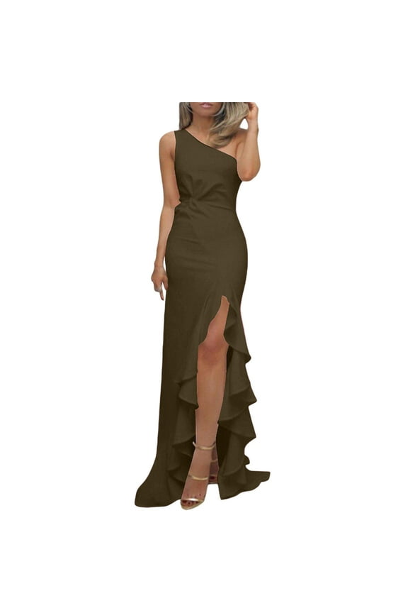 Wedding Guest Dresses,Prom Dresses Women's Formal Long Ruffled Slit Floor Length Dress Evening Gown Maxi Dresses,Formal Dresses,Graduation Dress Army Green Dress M
