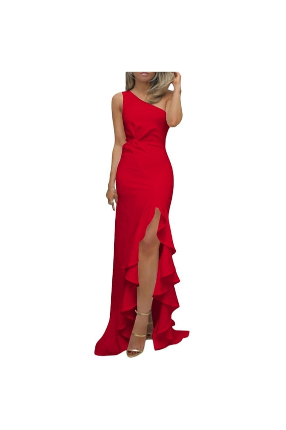 Wedding Guest Dresses,Prom Dresses Women's Formal Long Ruffled Slit Floor Length Dress Evening Gown Maxi Dresses,Formal Dresses,Graduation Dress Red Dress 2XL
