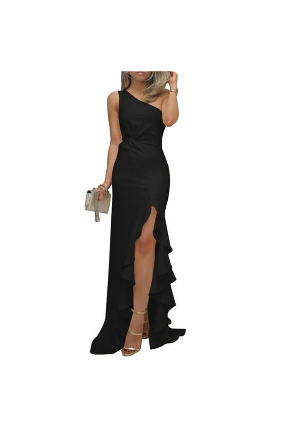 Wedding Guest Dresses,Prom Dresses Women's Formal Long Ruffled Slit Floor Length Dress Evening Gown Maxi Dresses,Formal Dresses,Graduation Dress Black Dress S