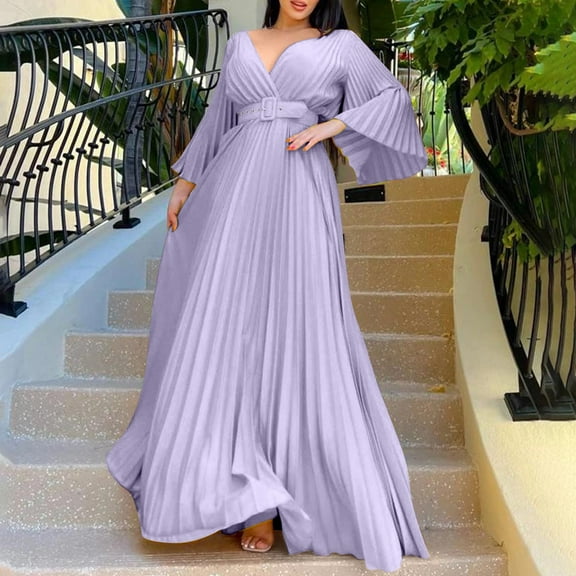 IDALL Wedding Guest Dresses,Prom Dresses Womens Deep V Neck Plus Size Evening Dress Long Sleeves With Belt Plus Size Dresses,Maxi Dresses,Formal Dresses Gray Dress 3XL