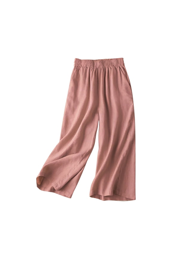 Wide Leg Linen Pants for Women Cotton for Women Summer Beach Vacation Clothes Pull On Elastic Cropped Linen Pants Women Cotton Linen Pants Summer Beach Pant Outfits Cinch Bottom Pink M-3XL