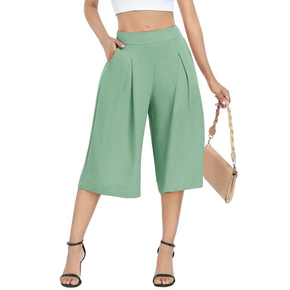 IDALL Wide Leg Pants Woman Capri Pants Wide Leg Capri Pants With Pockets Lightweight High Waisted Loose Trouser Baggy Pants High Waisted Pants Mint Green 2XL