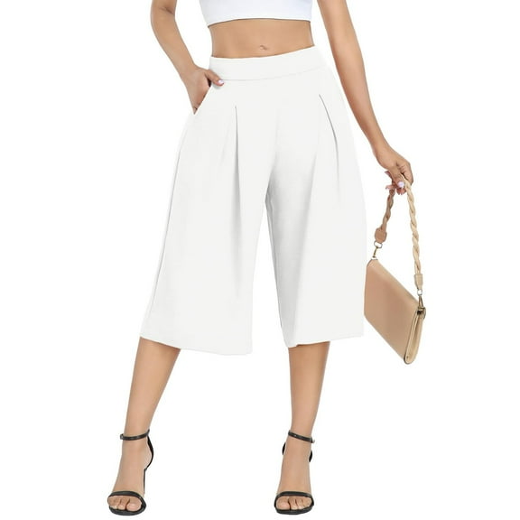 IDALL Wide Leg Pants Woman Capri Pants Wide Leg Capri Pants With Pockets Lightweight High Waisted Loose Trouser Baggy Pants High Waisted Pants White M
