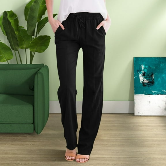 IDALL Wide Leg Pants Woman Linen Pants Women Solid Straight Linen Pants Waist And Long Casual Elastic Drawstring Cotton Pants Baggy Pants Lounge Pants Women Black M