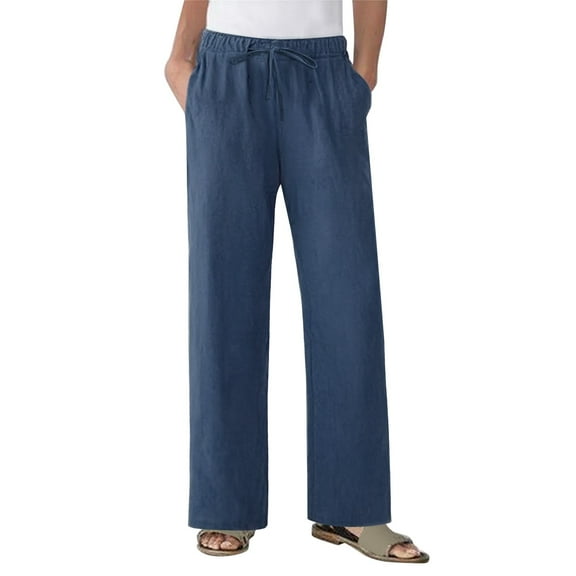 IDALL Wide Leg Pants Woman Linen Pants Women Women's Fashionable And Casual Solid Color Cotton Linen Drawstring Loose Casual Wide Leg Trousers Baggy Pants Womens Pants Navy 2XL