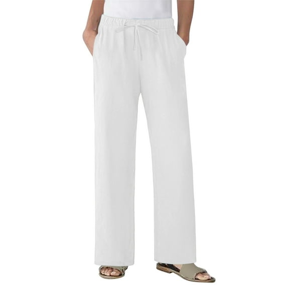 IDALL Wide Leg Pants Woman Linen Pants Women Women's Fashionable And Casual Solid Color Cotton Linen Drawstring Loose Casual Wide Leg Trousers Baggy Pants Womens Pants White 3XL