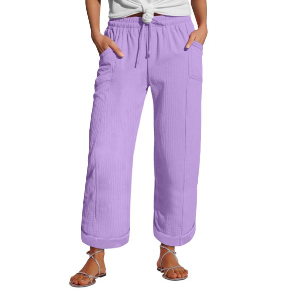 IDALL Wide Leg Pants Woman Lounge Pants Women Linen Pants Muslim Pants Lightweight Pants With Pockets Baggy Pants Womens Pants Purple 5XL