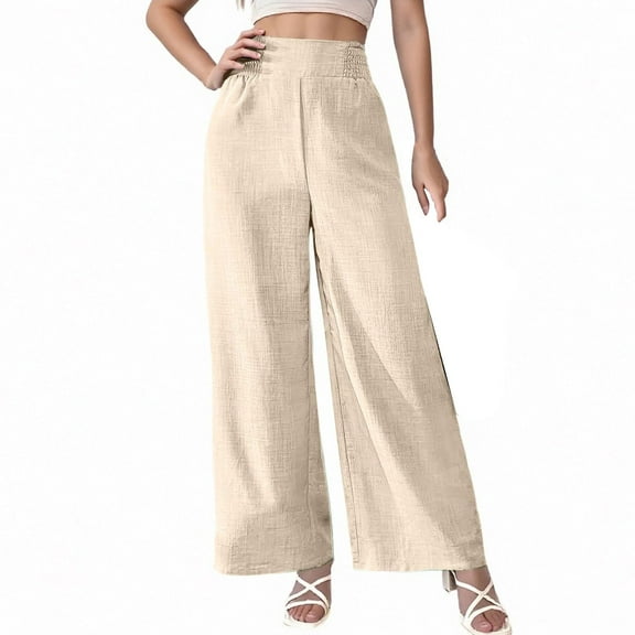 IDALL Wide Leg Pants Woman Lounge Pants Women Women Casual Palazzo Pants Boho Wide Leg Pants High Elastic Waist Summer Loose Beach Travel Vacation Baggy Pants Womens Pants Beige L