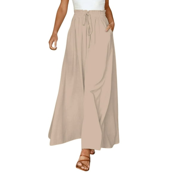 IDALL Wide Leg Pants Woman Lounge Pants Women Women Flowy Ruffle Solid Color Drawstring Waist Pants Baggy Pants Women'S Pants Beige L