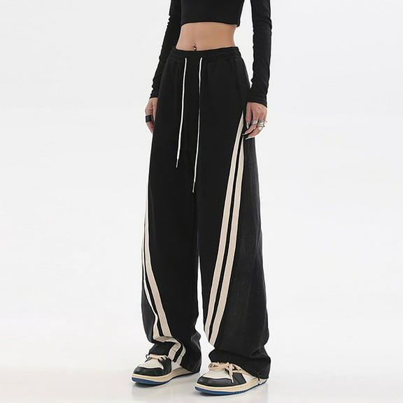 IDALL Wide Leg Pants Woman Sweatpants Women Stitching Wide Leg Loose Waist Design Pocket High Waist Straight Leisure Pants High Waisted Pants Women'S Pants Black L