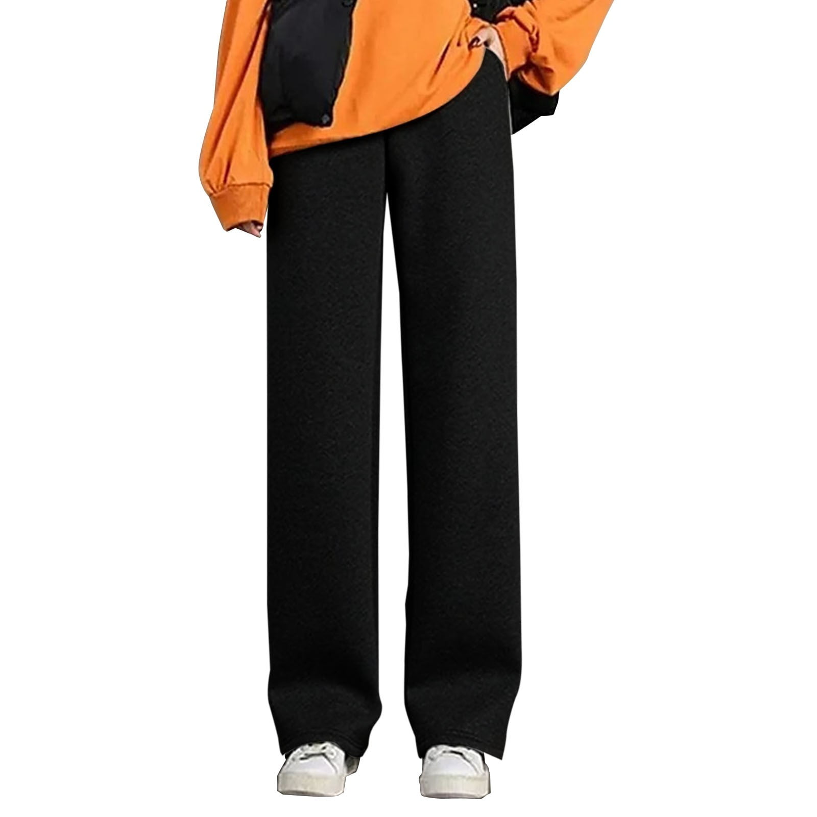 Women Winter Solid Fleece-lined Wide-leg Pants