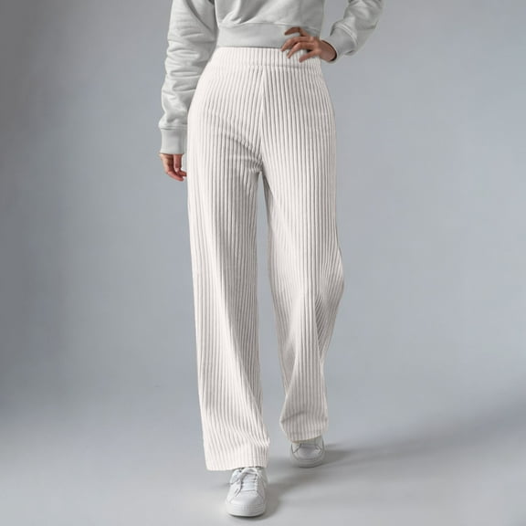 IDALL Wide Leg Pants Woman Womens Joggers Ribbed Knit Pants Elastic High Waist Wide Leg Thermal Lined Long Trousers High Waisted Pants Women'S Pants White M