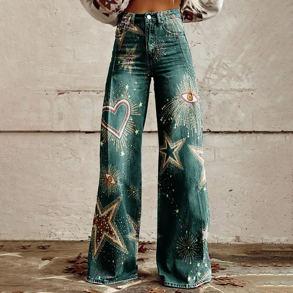 IDALL Baggy Jeans High Waisted Jeans Women's Vintage Flower Print Casual Wide Leg Pants Barrel Jeans Women Boyfriend Jeans Blue M