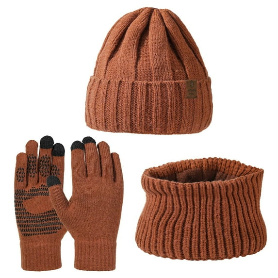 IDALL Winter Beanie Hat Scarf Gloves, Warm Fleece Knit Hat Long Scarf Neck Warmer Touch Screen Winter Gloves Set Gifts for Women Brown One Size