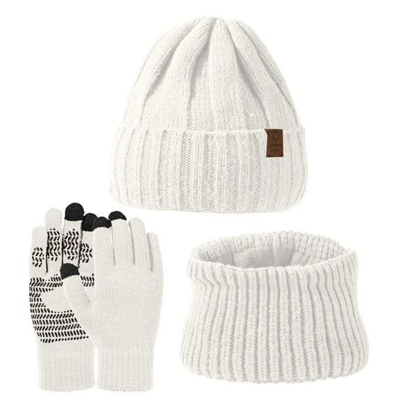 IDALL Winter Beanie Hat Scarf Gloves, Warm Fleece Knit Hat Long Scarf Neck Warmer Touch Screen Winter Gloves Set Gifts for Women White One Size